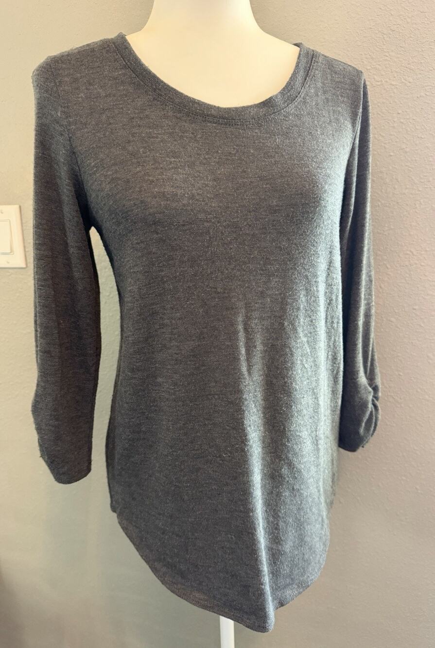 AB Studio Gray Knit Scoop Neck Ruched 3/4 Sleeve Pullover Womens Small